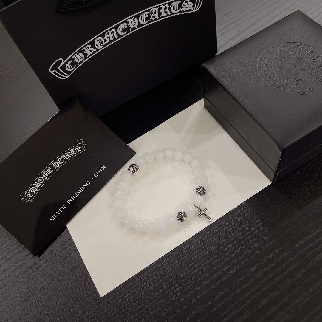Chrome Hearts White Bead Bracelet with Cross Charm